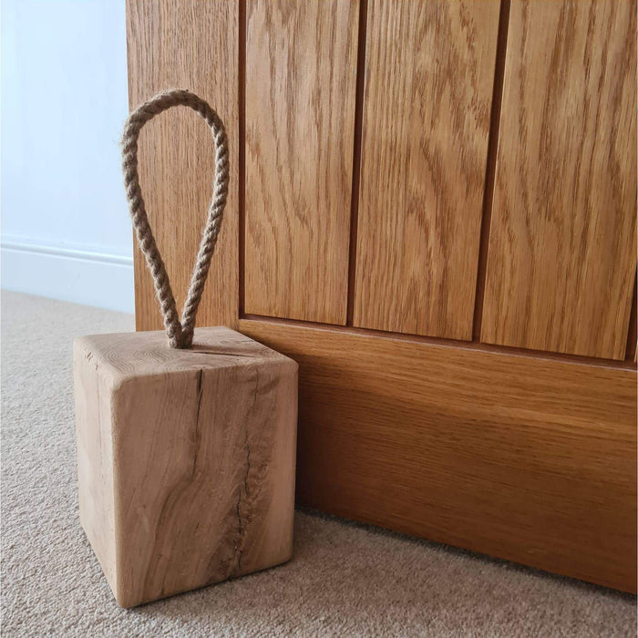 Solid Oak Door Stop With Hand Platted Rope