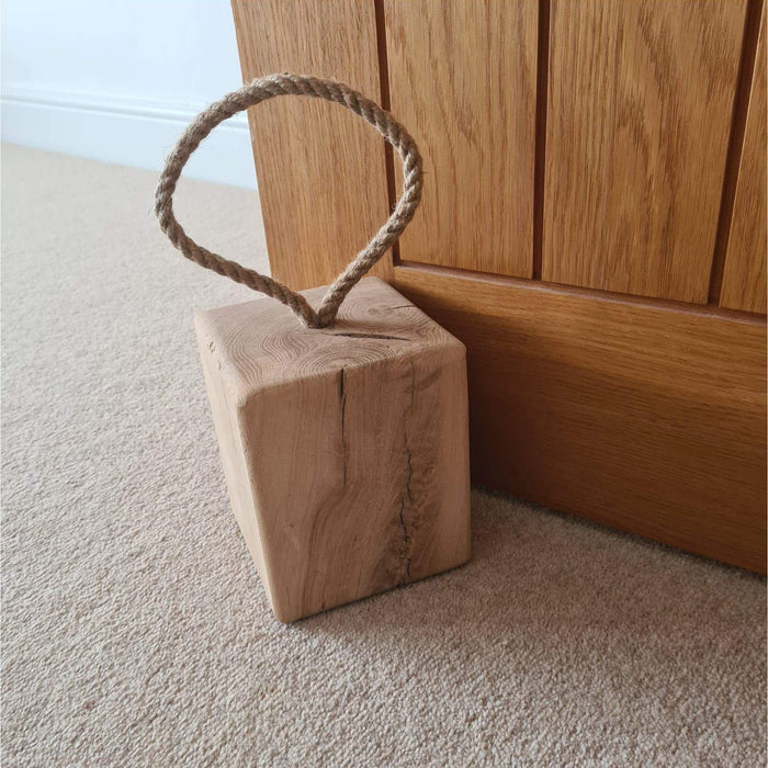 Solid Oak Door Stop With Hand Platted Rope